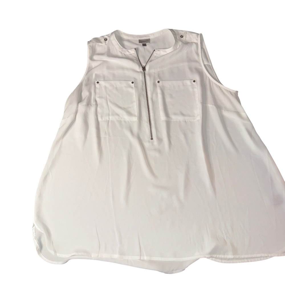 Avenue Sleeveless‎ Blouse 22/24 White Half Zip Utility Pocket Studded Top